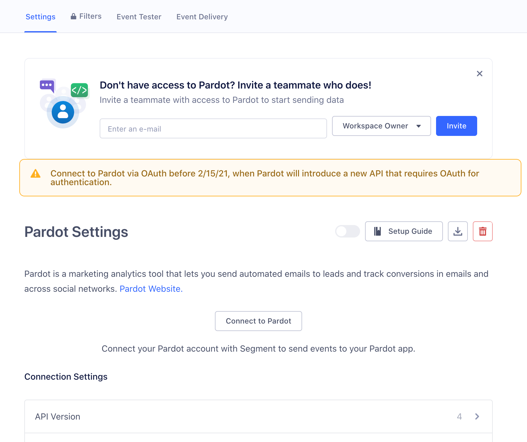 A screenshot of the Pardot settings page in the Segment app.
