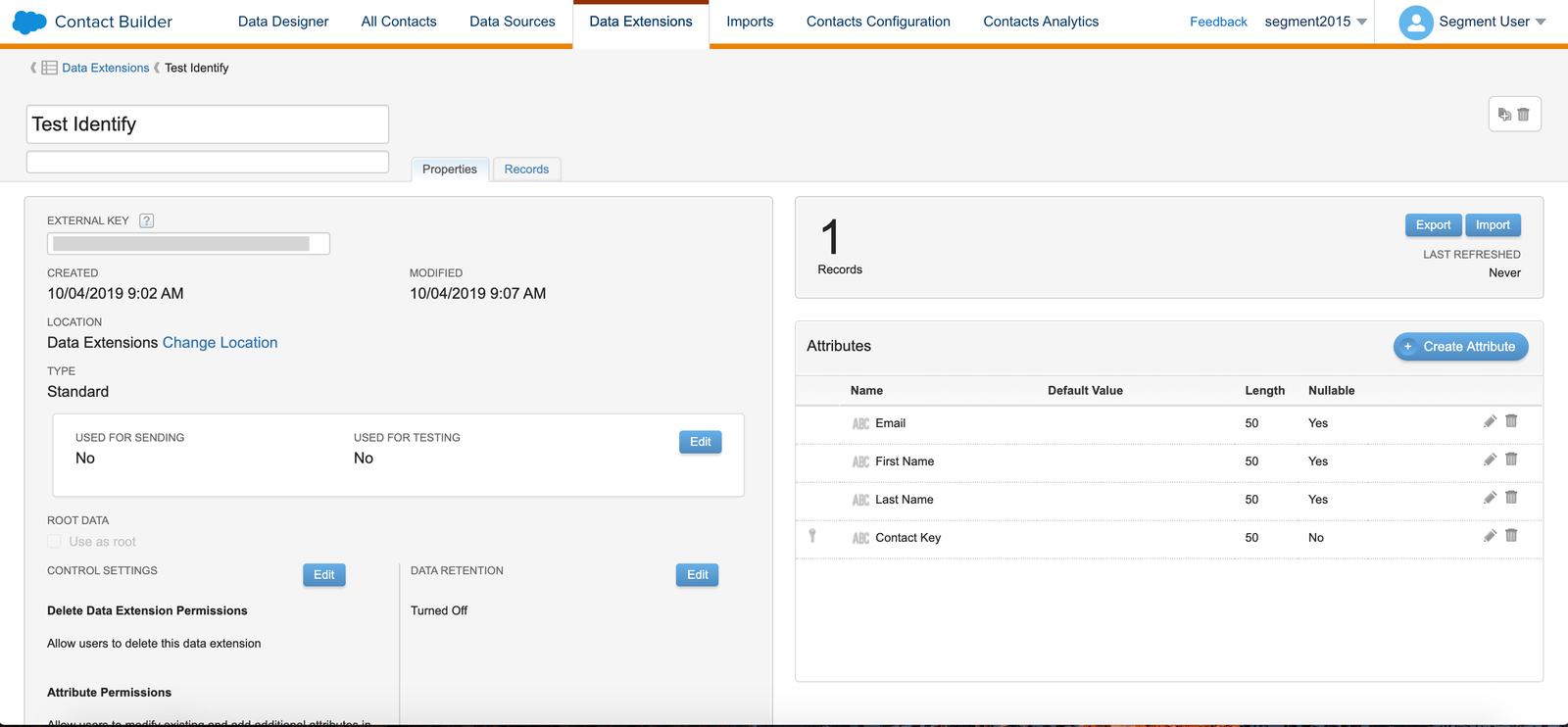 A screenshot of the SFMC Contact Builder, with a Test Identify call on the Data Extensions page.
