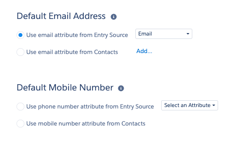 A screenshot of the Journey Builder, with the Default Email Address and Default Mobile Number options present.