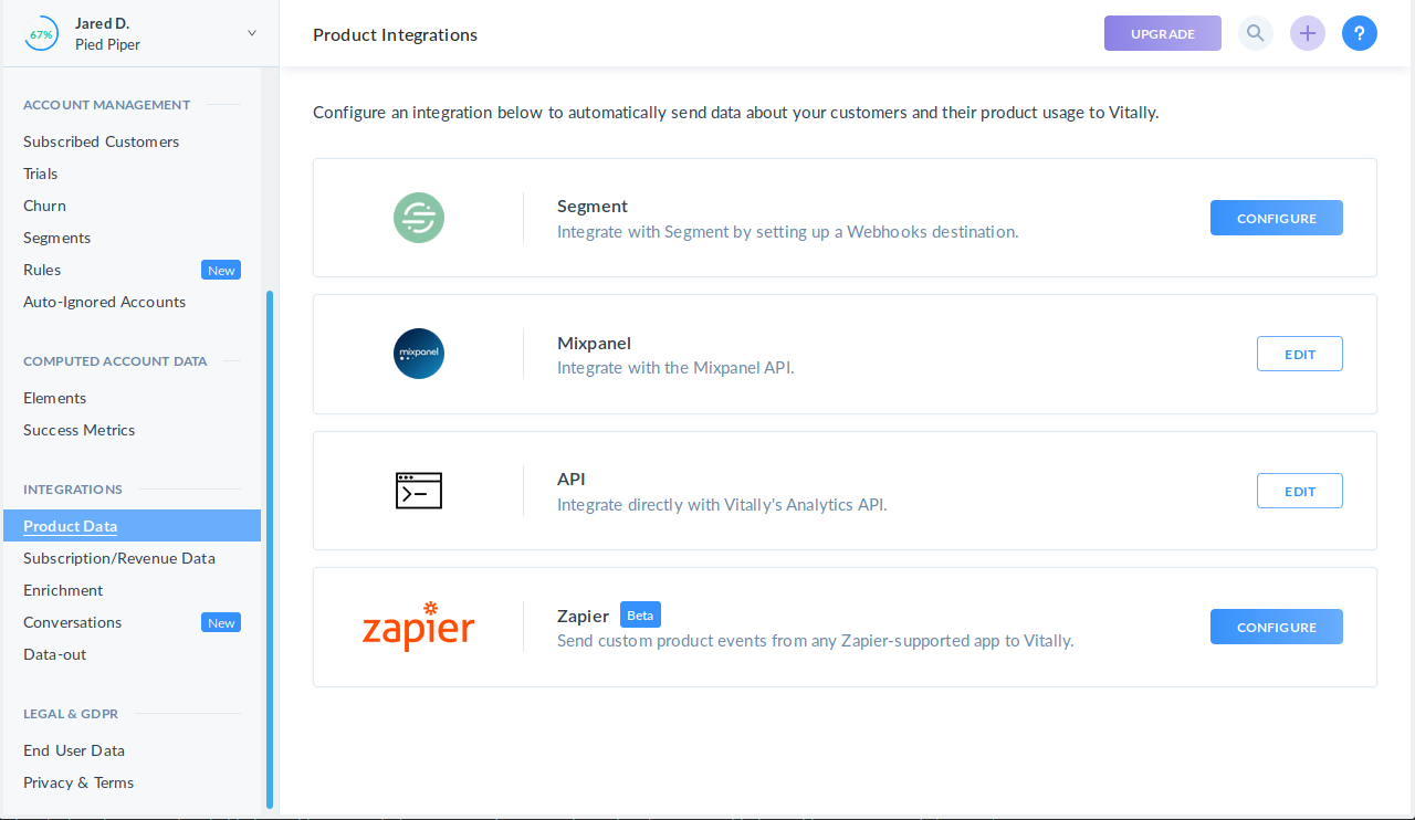 A screenshot of the Vitally Product Integrations page.