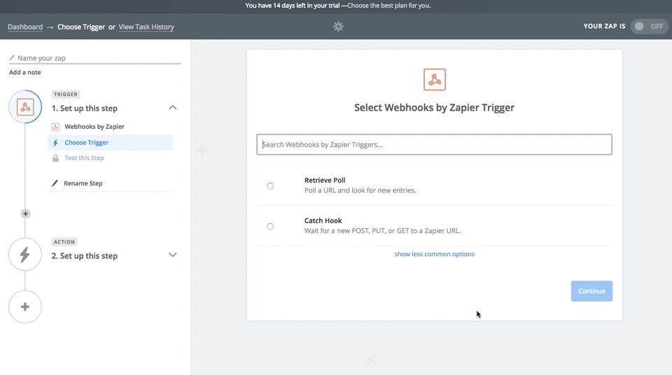 Animation showing someone select the Catch Raw Hook option on the Select Webhooks by Zapier Trigger page. 