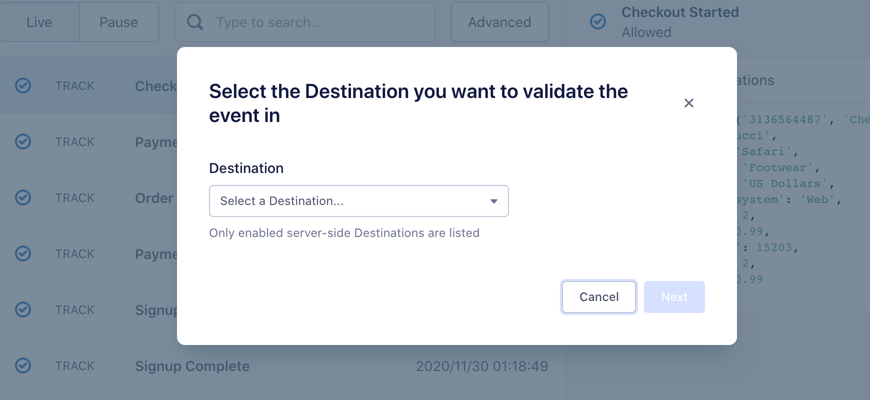 A screenshot of the destination selection pop up modal
