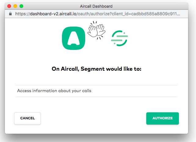 Screenshot of the Aircall Authorize popup.