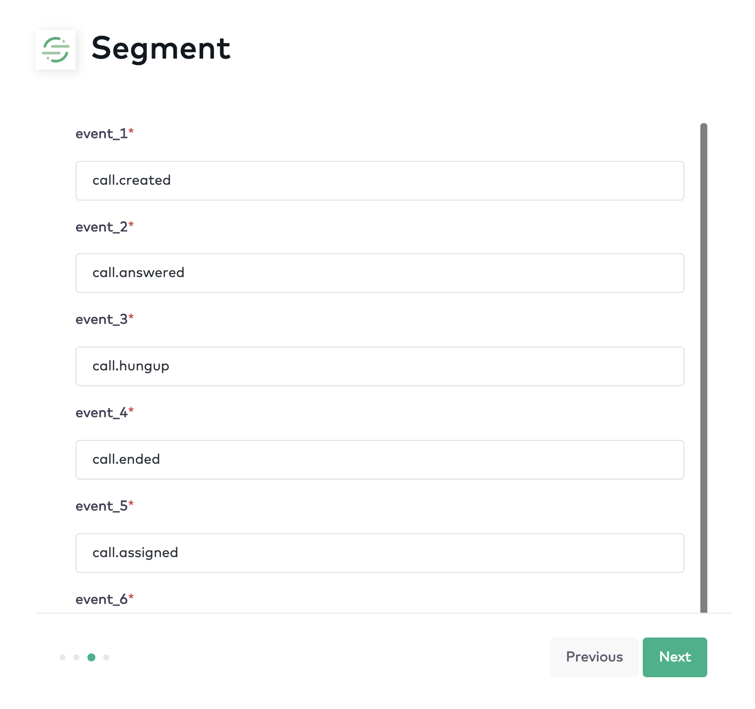Screenshot of the Segment menu in Aircall with Segment event names entered in all of the event fields.