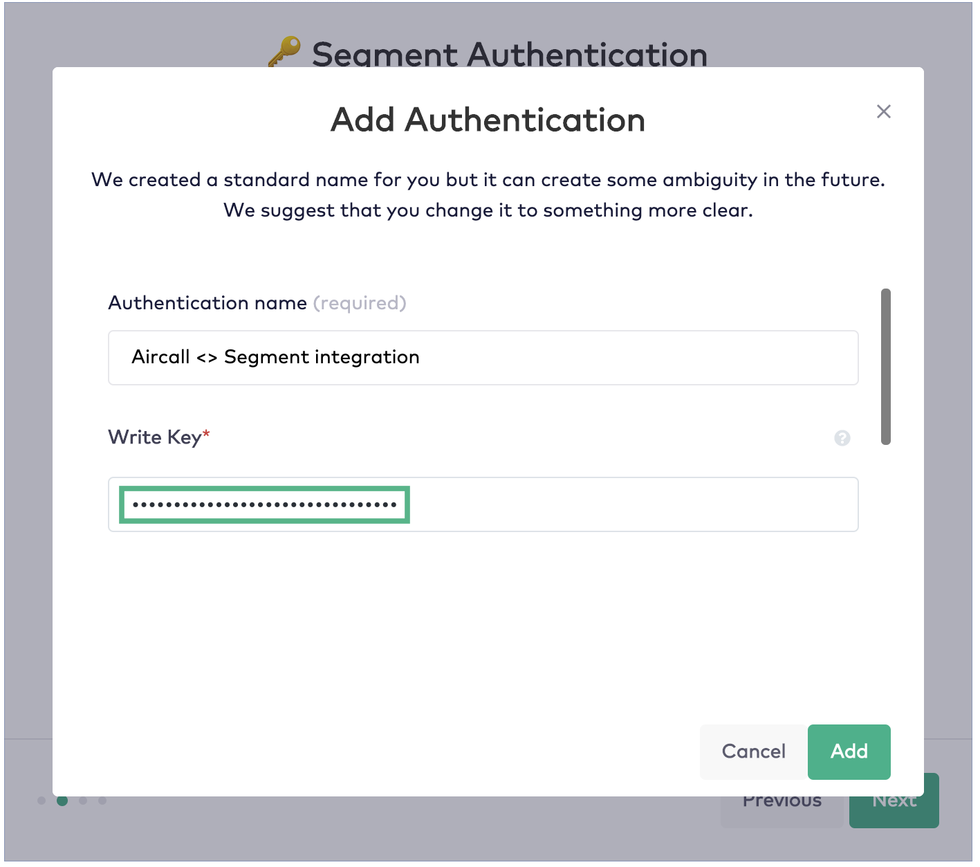 Screenshot of the Add Authentication popup in Aircall.