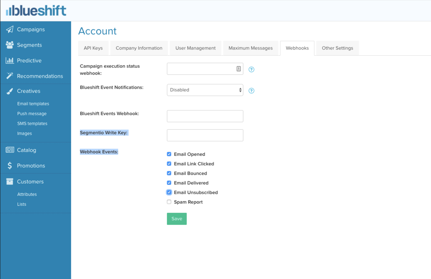 Screenshot of the Blueshift Account settings page, with the Segmentio Write Key and Webhook events highlighted.