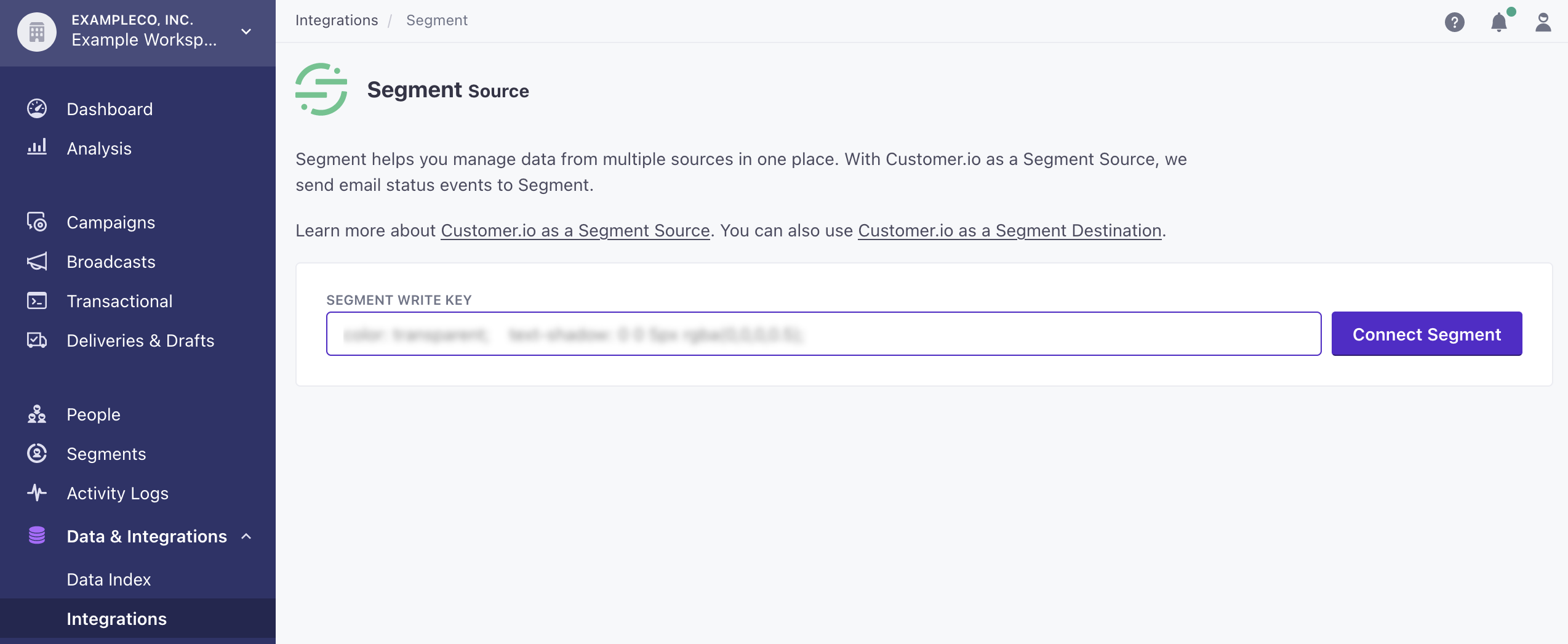 Screenshot of the Segment Source settings page in Customer.io.
