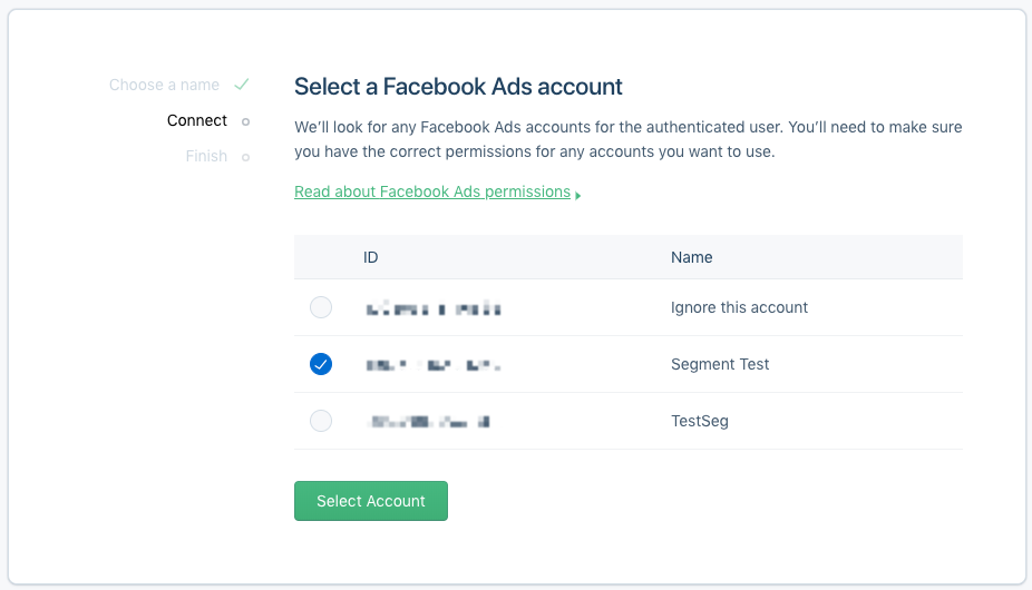 The second step in the Facebook Ads setup flow in the Segment app.