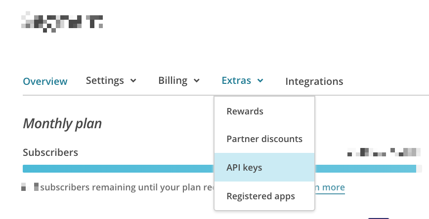 Screenshot of the Overview page in Mailchimp, with the Extras menu selected.