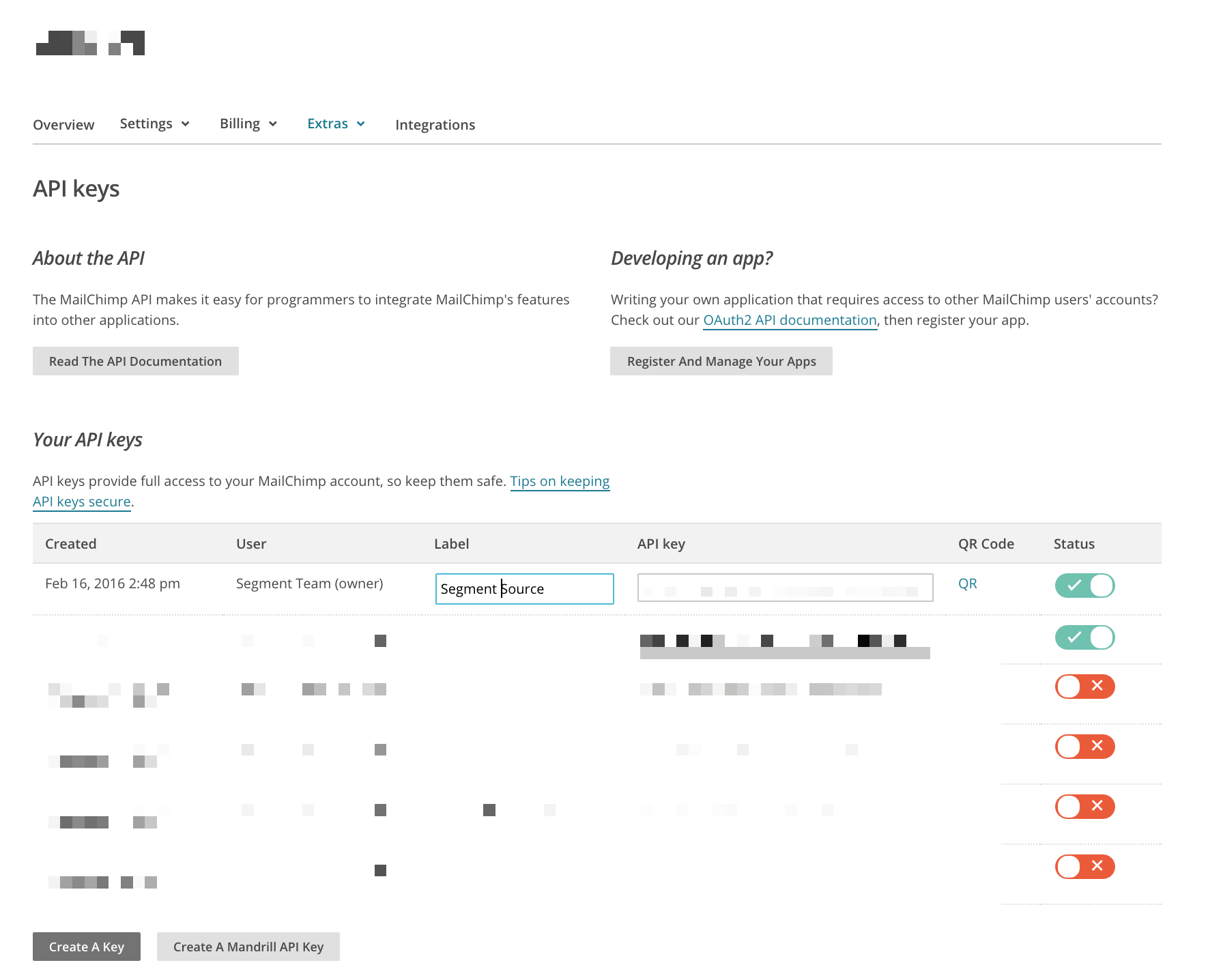 Screenshot of the API keys settings page in Mailchimp.