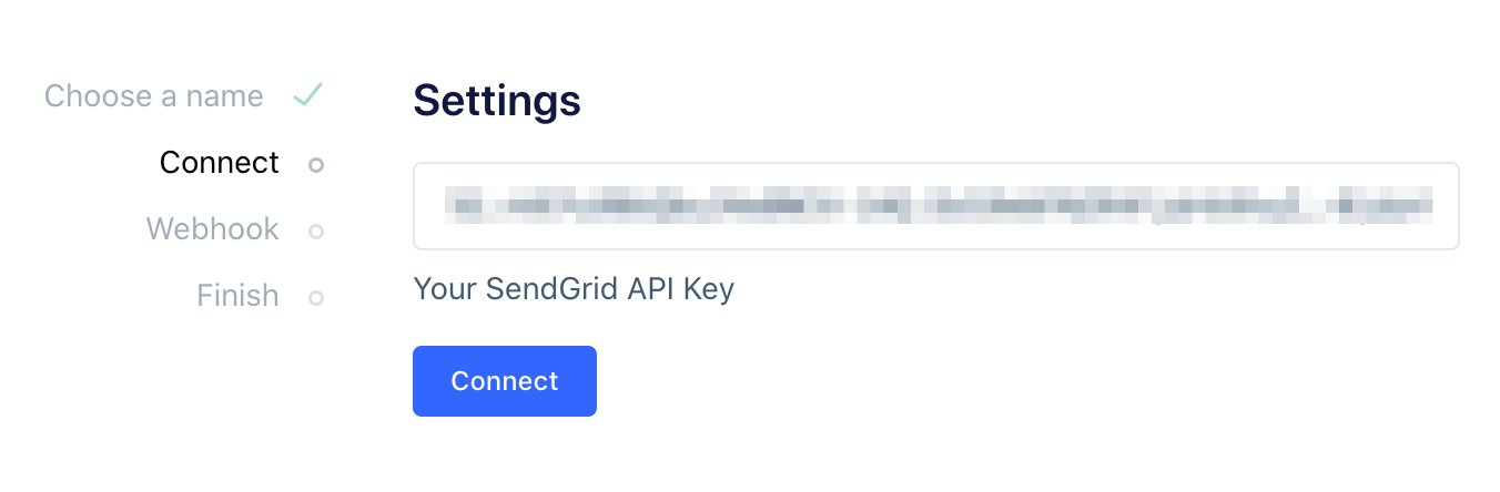 Screenshot of the Settings page in the setup flow for the Sendgrid source.