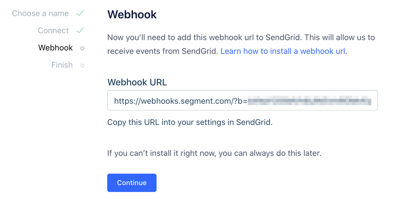Screenshot of the Webhook page in the setup flow for the Sendgrid source.