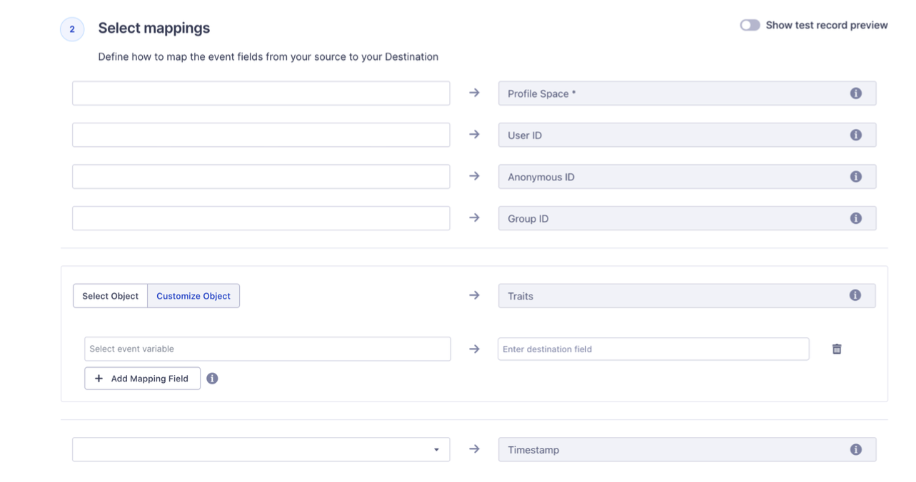 A screenshot of the "Select Mappings" interface in Segment, showing fields for mapping event data from a source to a destination. The interface includes options for selecting objects, customizing objects, and mapping fields such as Profile Space, User ID, Anonymous ID, Group ID, Traits, and Timestamp.