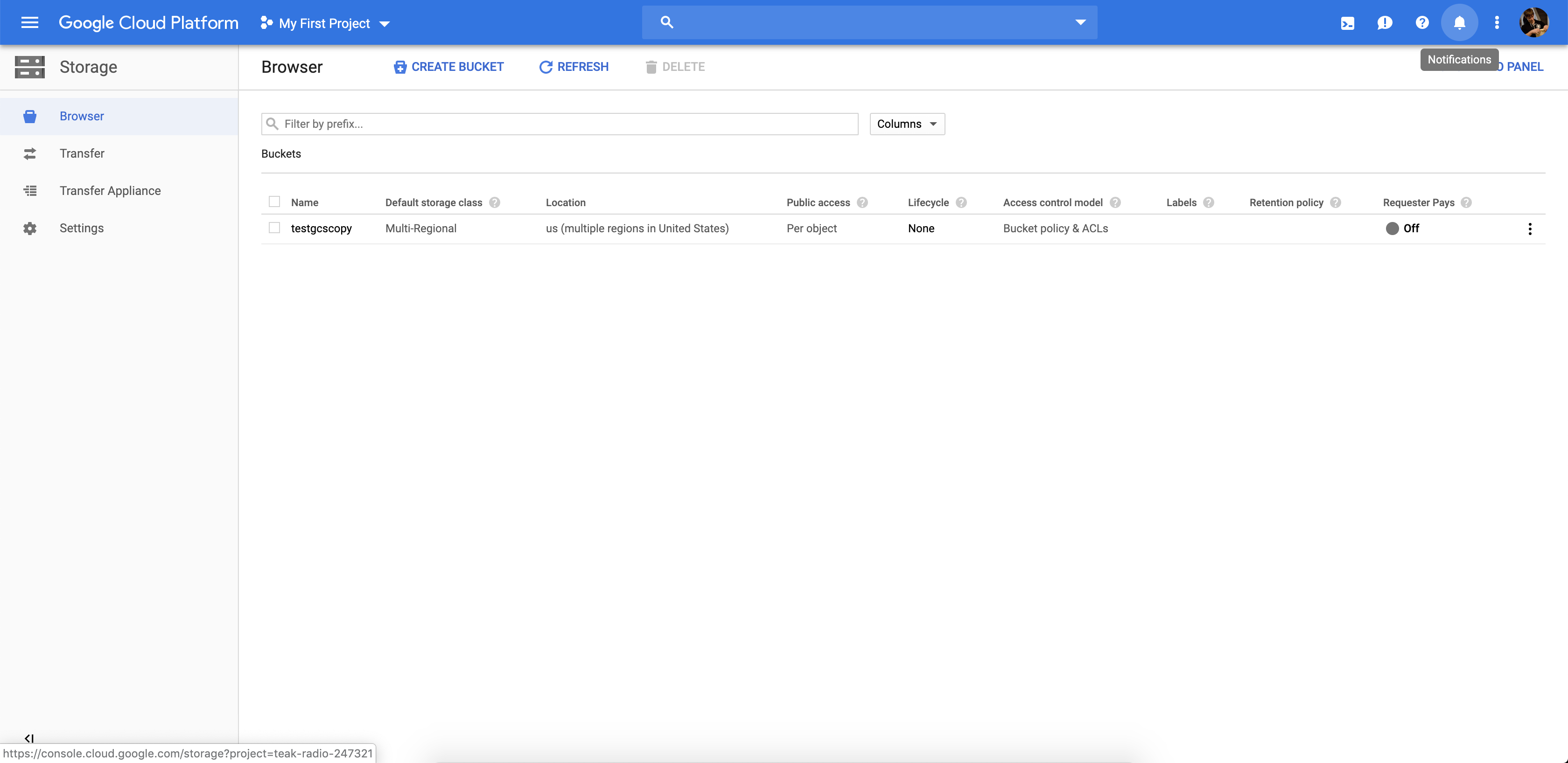 Screenshot of the Storage Browser page in Google Cloud.
