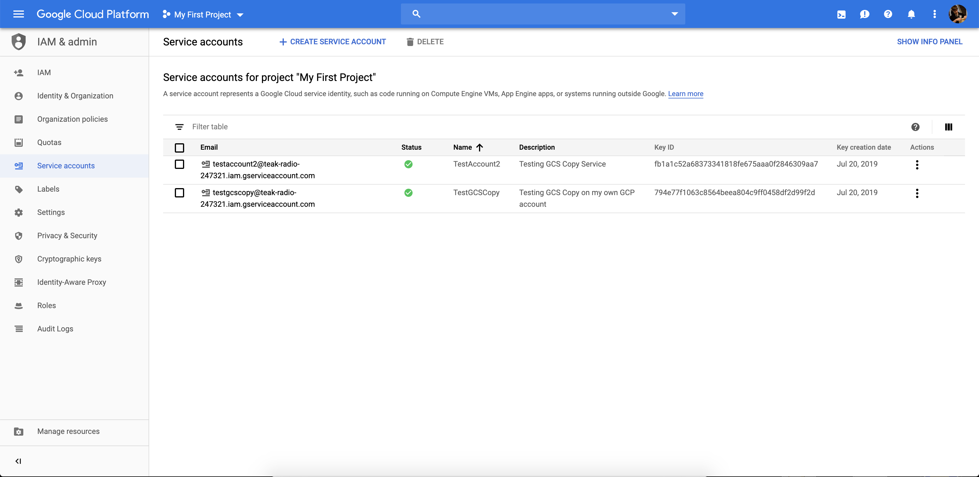 Screenshot of the Service accounts page in Google Cloud.