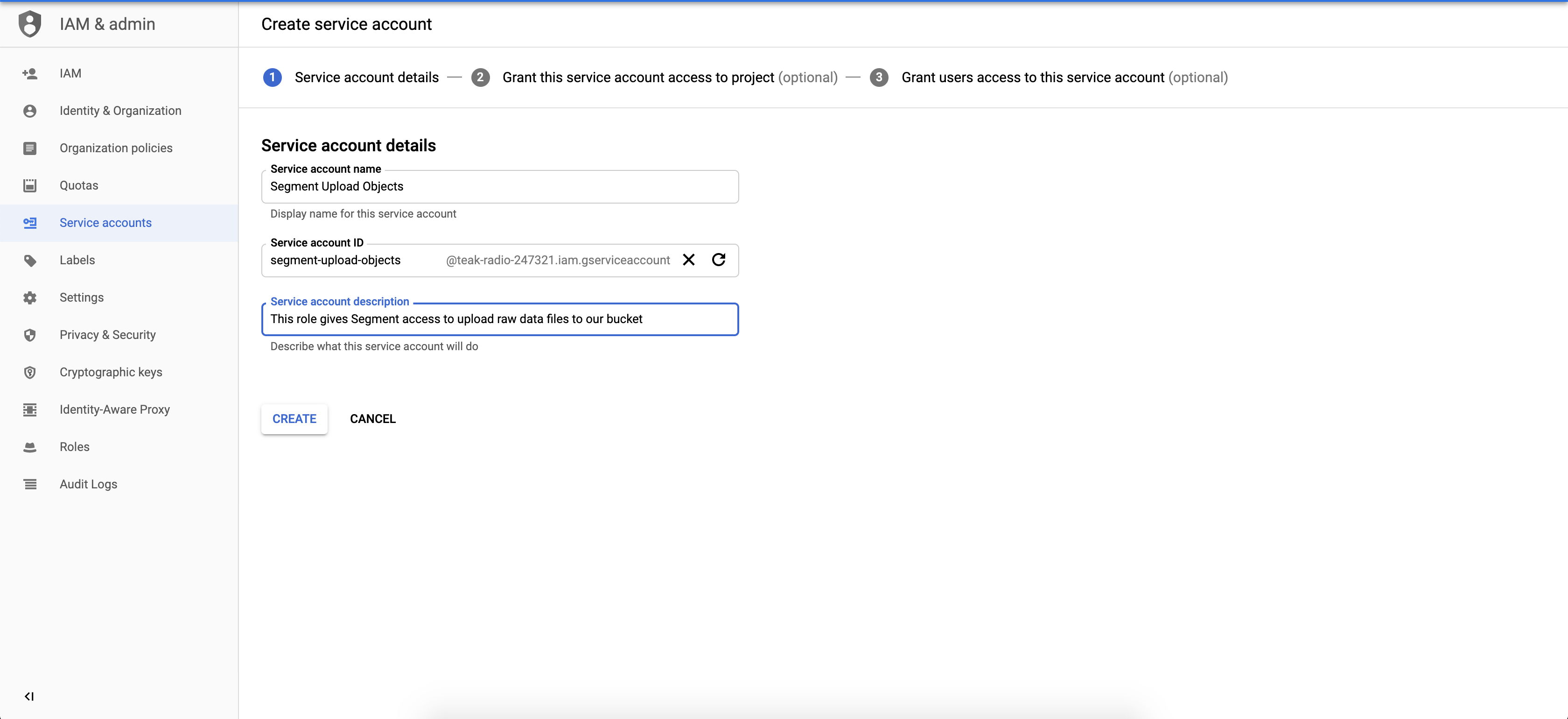 Screenshot of the Create service account setup flow in Google Cloud.