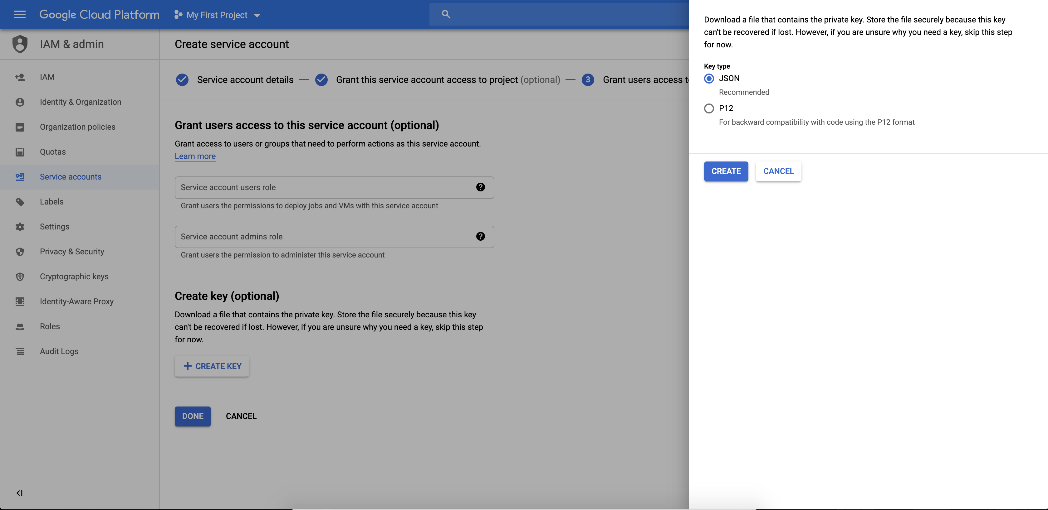 Screenshot of the key download tab, a step in Google Cloud's Create service account setup flow.