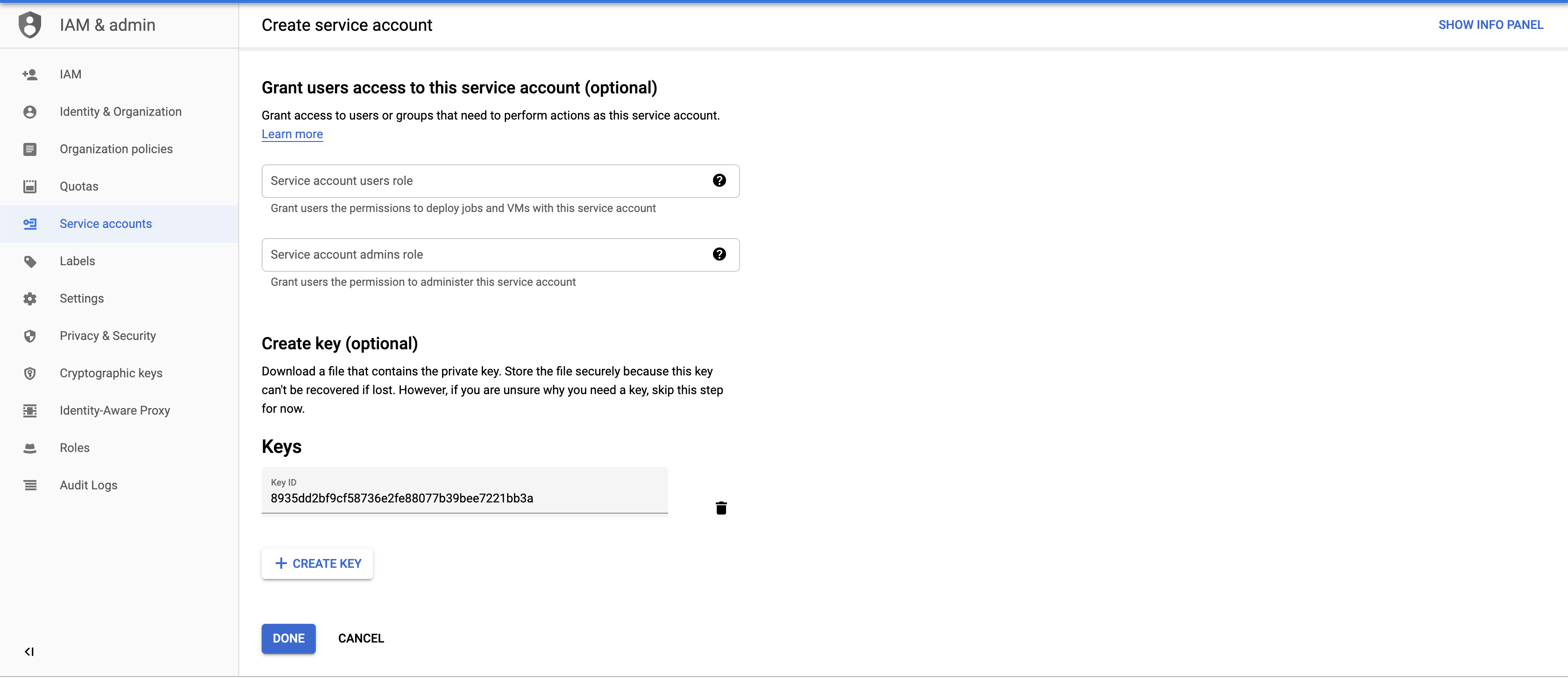 Screenshot of the Create service account setup flow in Google Cloud.