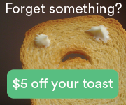 An ad for Toastmates with a frowning face on a piece of toast and a link for a coupon.