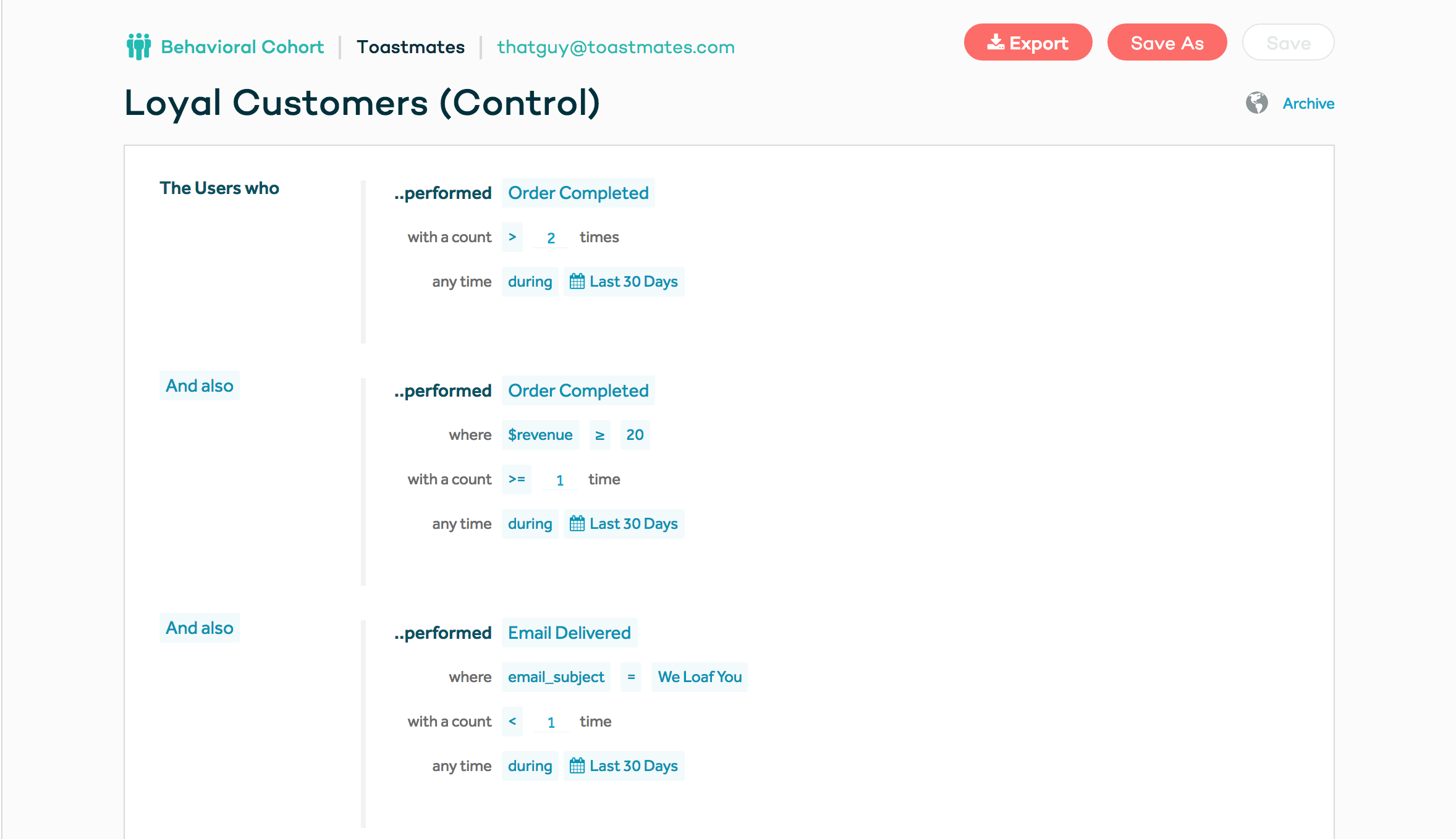 Screenshot of a Loyal Customers (Control) segment in Amplitude, comprised of users who spent at least $20 and purchased more than two times in the last 30 days, but did not get the loyal customer email.
