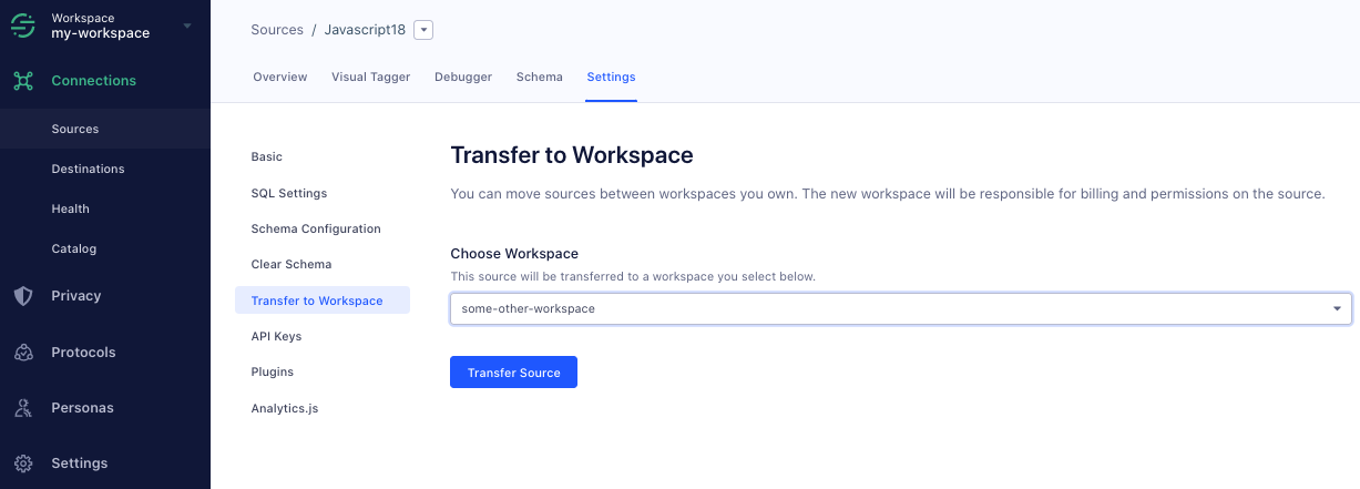 Image of the Transfer to Workspace tab in Segment's platform
