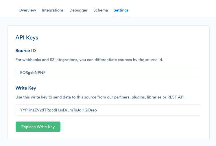 Screenshot of a Source's settings page, with the write key present.