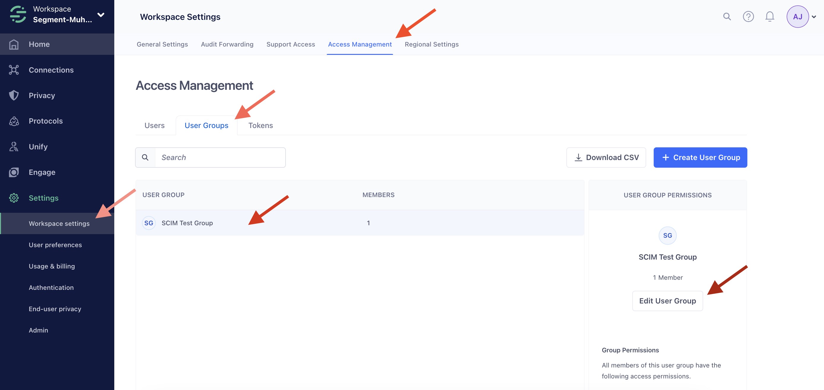 Screenshot of the Segment Settings page, with the Access Management and User Groups tabs selected, and the user group created in the steps above present on the page.